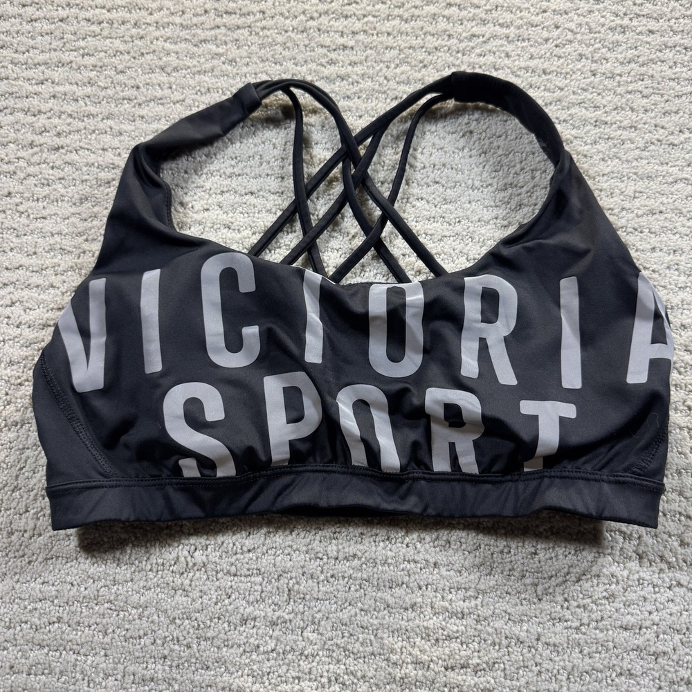 Victoria Sport Womens Large Sports Bra Black‎ Criss Cross Straps Logo Text